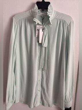 NWT RO&DE Womens Aqua Green Ruffle Tie-neck blouse Size M